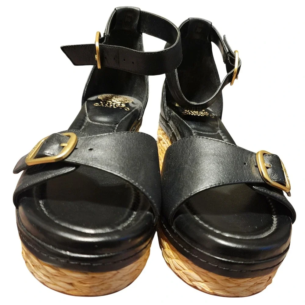 Vince Camuto Womens Black Leather Raffia Platform Wedge Sandals Gold Buckle 7M